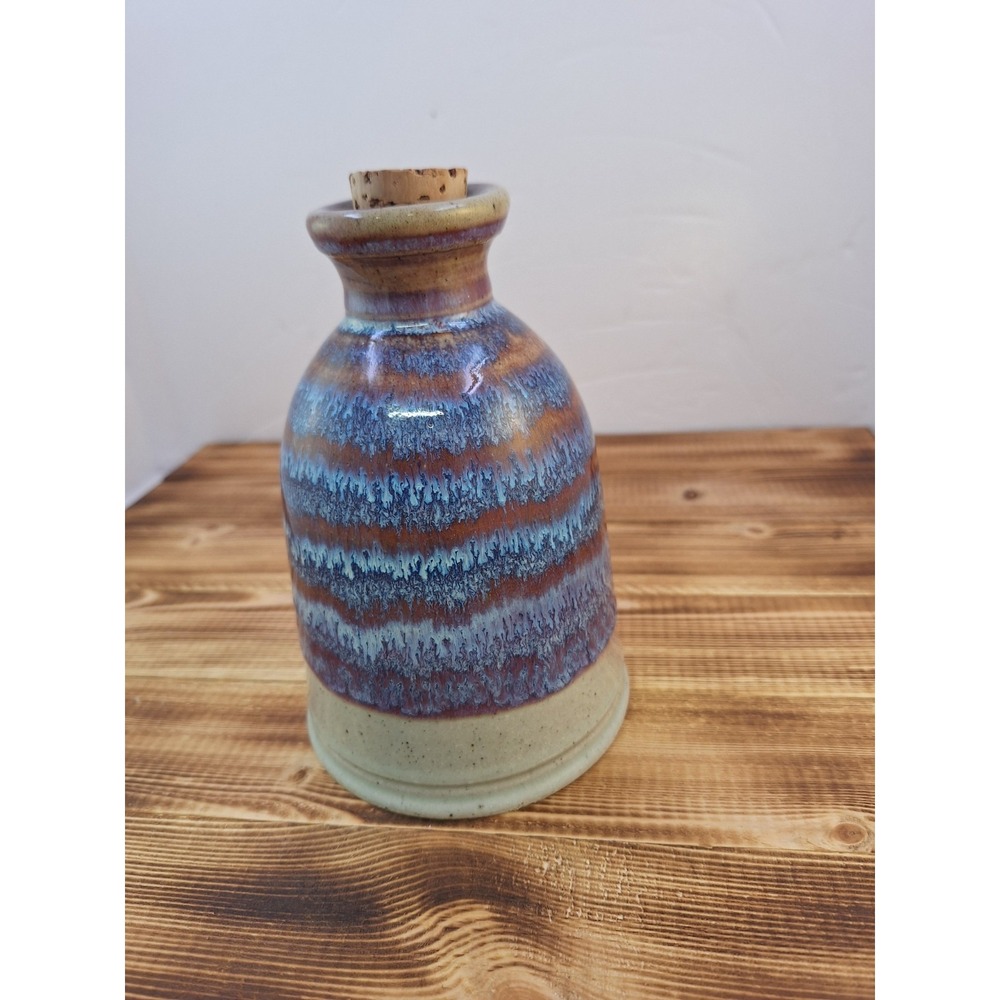 Signed HANDMADE STUDIO ART POTTERY, PURPLE BLUE SWIRLS, Jar Vase Stopper 6" Sign